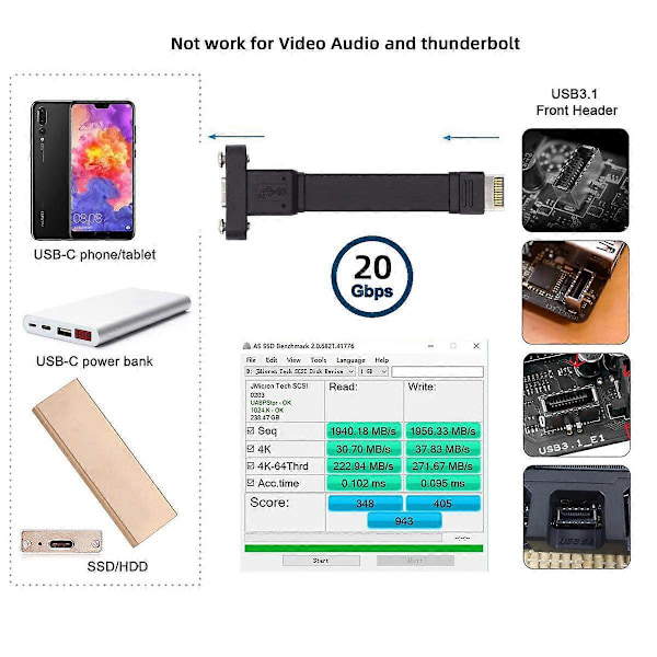 UC-037-20G USB 3.2 Type-E IDC 20-nastainen etupaneelin liitin USB-C naaras 0,5 m 20 Gbps jatkokaapeli
