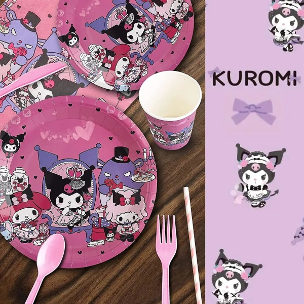 Kuromin syntymäpäiväjuhlat 2024 - My Melody -juhlatarvikkeet: Pinkki pöytäliina, kupit, ilmapallot, 9 lautasta, lippu, vauvakutsujuhlatarvikkeet, lelu Set 48pcs 8