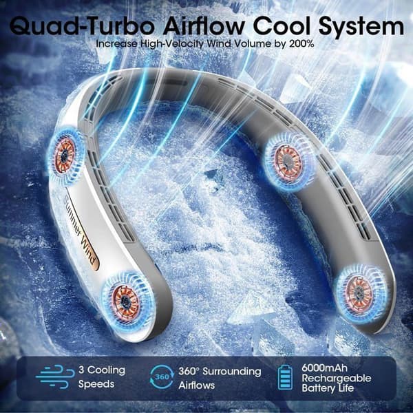 Bärbar Halsfläkt - Turbo - 4000 mAh - 3 Hastigheter - Tyst - 360° Luftflöde