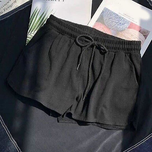 Sommer Shorts for Kvinner med Elastisk Midje og Snøring - Avslappet Sport, Strand, Løse Bukser - Svart black XL