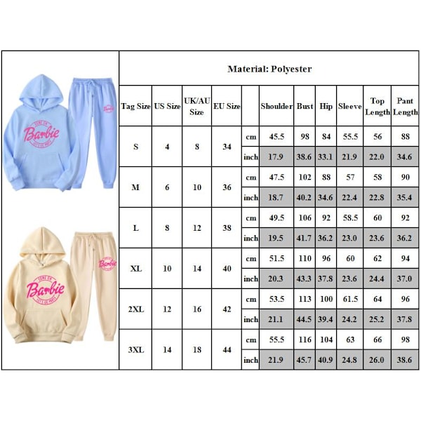 Barbie Hoodie + Bukser Sett for Kvinner og Menn Lang Erme Sportsklær himmelblå sky blue XL