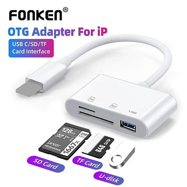 Fonken 3 i 1 Minneskortadapter För Lightning Till SD TF USB-Kortläsare OTG Datakonverterare För iPhone 13 och Uppåt Kamerakortläsare white Lightning to SD Card