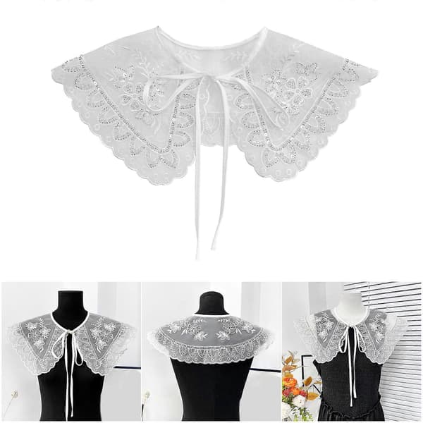 Broderte blondehalskrage med polyesterstoff, elegant design, avtakbar bluse for kvinner, ball, anledning, hvit White