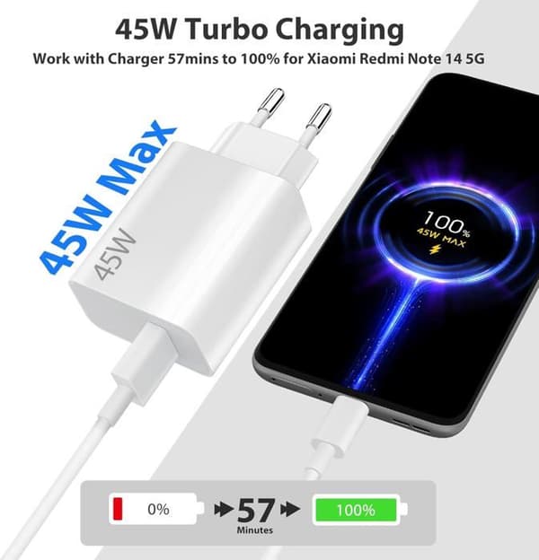 45W hurtiglader - HAUTSTORE - USB C - 1m - Kompatibel med Xiaomi Redmi Note 14/iPad 6 - Multi-modell