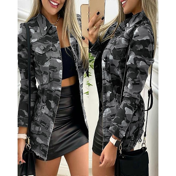 Efterårsfrakke med knapper og lommedesign, afslappede damejakker med lange ærmer til kvinder, camouflage damejakke Army Green M