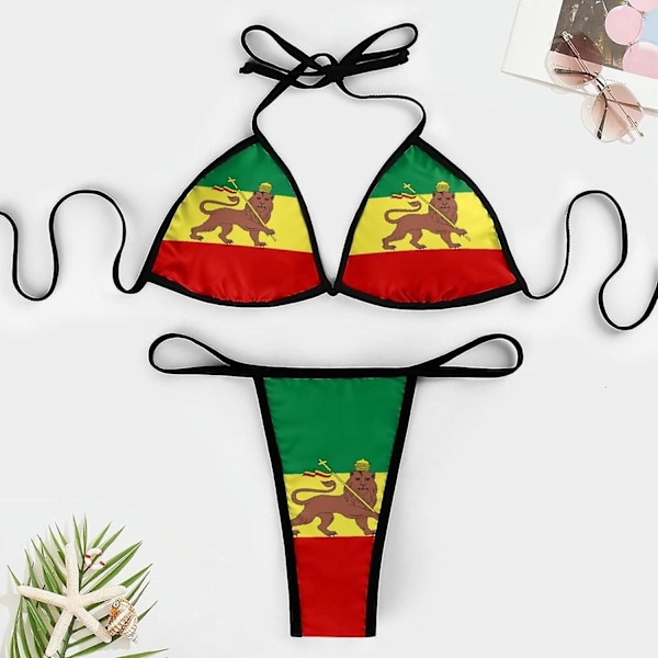 Jamaica Rasta Lion Flag Naisten Bikinisetit 2-osainen Uimapuku Seksikäs Uima-asu Halter Kolmio Uima-asu-style10-mPT-448 Black print Extra large