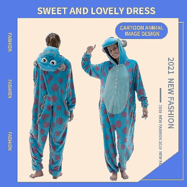 Mukava Unisex Aikuisten Onesie-Pyjama Flanelli Cosplay Eläin Yksikokoinen Halloween-Puku Nukkumisasu Kotiasu Q Ningling 85cm - Perfet Sulley Sulley 125cm