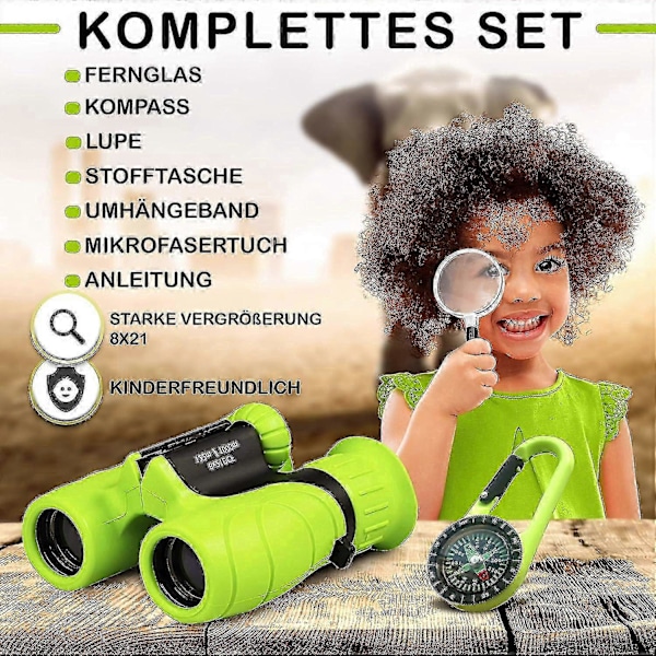 Barnkikare med hög förstoring 8 X 21 - Den perfekta presenten till små äventyrare i ett omfattande set med förstoringsglas & kompass