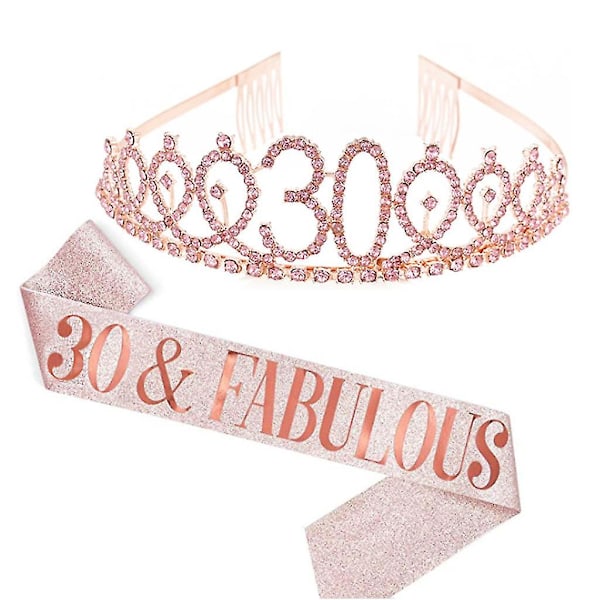 Glittrande strass-brevtryck sash tiara-set för kvinnor Rose Gold 30 år gammal