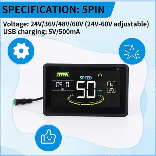 H6C Elektrisk Sykkel LCD Skjerm Måler 24V-60V E Scooter LCD Panel (5PIN)