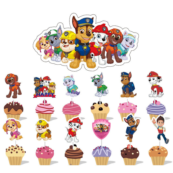 26 Stykker Paw Patrol Pynt, Bursdagskake Topper, Cupcakes