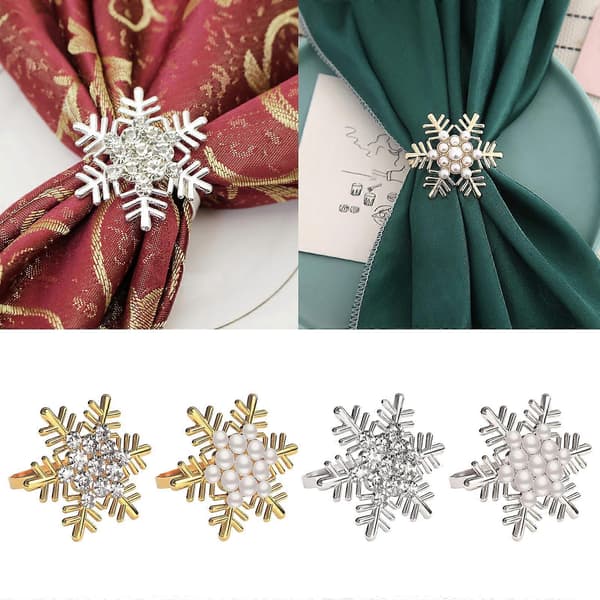 6 stk. perle-/diamant-servietringe til julefest, elegante snefnug-servietspænder, alsidigt tilbehør til formelle middage silver pearl