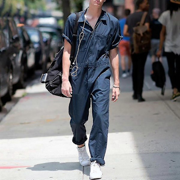 Miesten vetoketjullinen haalari, jossa kaulus ja yksivärinen jumpsuit - YuJia Blue L