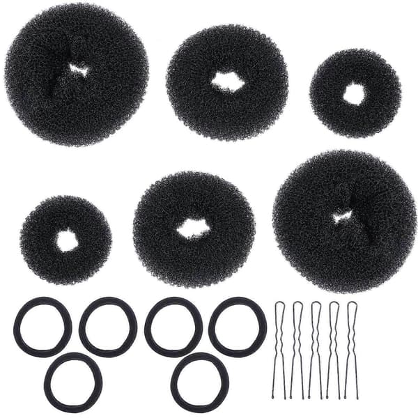 Sort Hårstyling Kit med Donut Hårknold Maker Elastikker U-formede Clips til Hårbrug 3 Sæt Black 10X10cm
