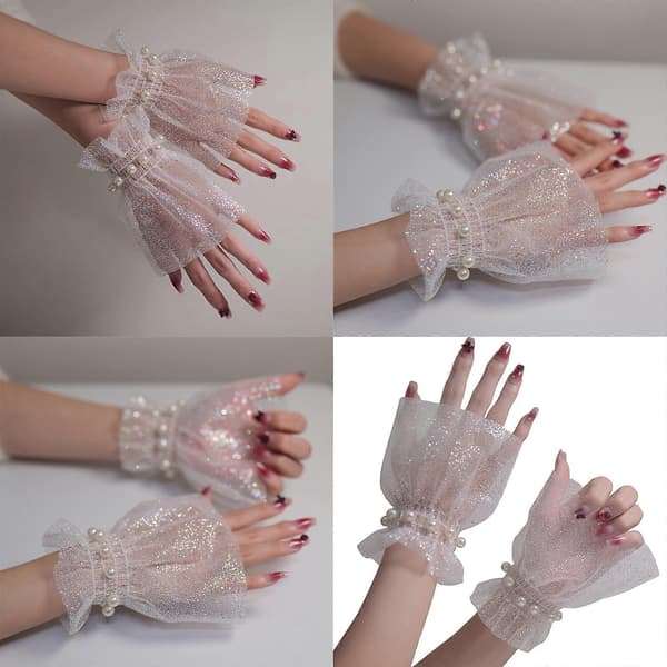 2-pack Delikata Pärlor Tyllärmar Fingerlösa Bröllopshandskar Brudärmar för Bröllopsceremonier Vit White