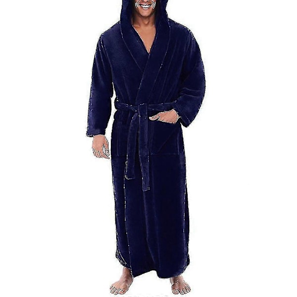 Herr Vinter Varm Fleece Lång Morgonrock Badrock Handduksrock med Huva Blauw S