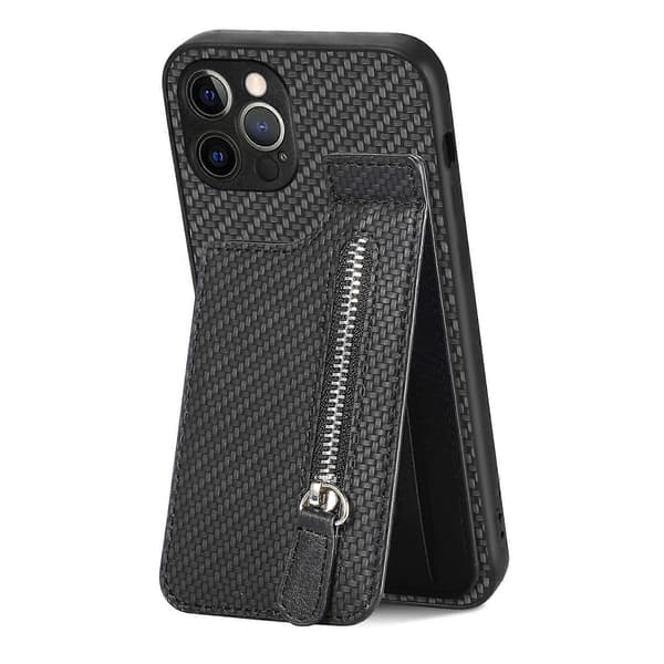 Til iPhone 12 Pro Max kulfiber lodret flip lynlås telefonetui