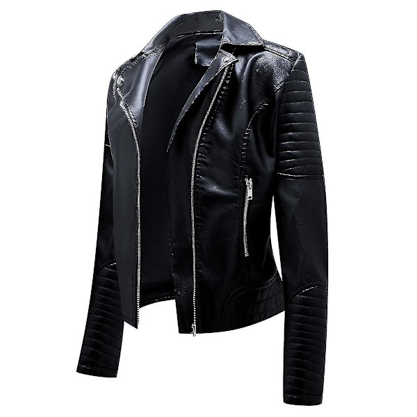 Naisten yksivärinen, kauluksinen, rento, lyhyt, slim fit -nahkatakki Black S
