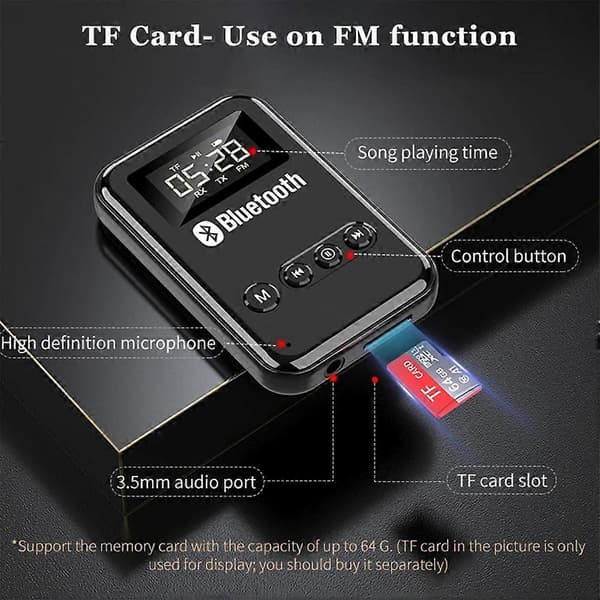 Bluetooth-mottaker Sender Bluetooth 5.0-adapter 3,5 mm Jack AUX FM Bilsett Håndfri samtale og mikrofon Black