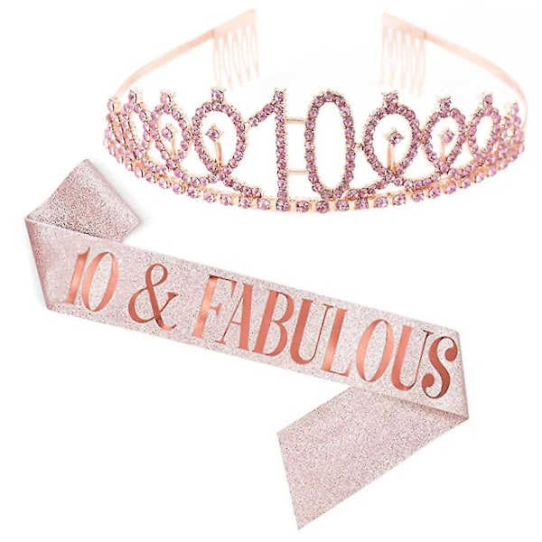 Sash og Tiara Sæt til Kvinder med Glimtende Rhinesten og Bogstavprint Rose Gold 10 år gammal