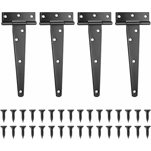 Set med 4 T-gångjärn, svarta ladugårdsdörrsgångjärn, dörrgångjärn, platt gångjärn i rostfritt stål för grindar, trädgårdsskjul, skåp - 6\"