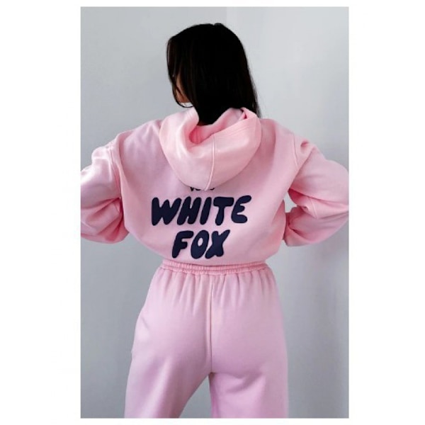 2 stk. Hvid Fox Boutique Hoodie Sweatshirt Trøje Trøjer Bukser Sæt Kvinders Træningstøj Rosa Pink M