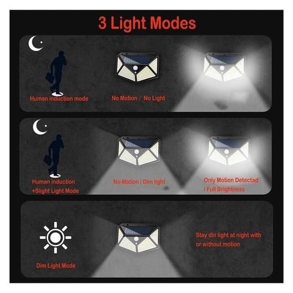 Sett med 2 utendørs solcellelamper, 100 LED, bevegelsessensor, IP65 vanntett, 3 moduser og flere farger, Largeight