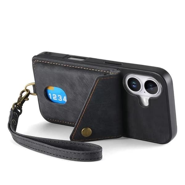 Til iPhone 16 etui med TPU læder telefoncover og læderstativ - Sort