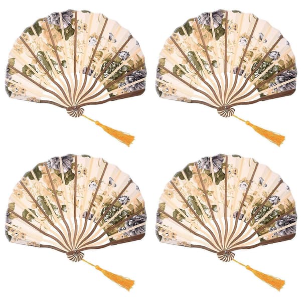 4X Klassisk stil Pionblomma Tyg Bambu Vikbar Dans Handfläkt Beige Beige