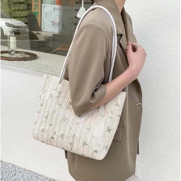 Strandveske - Dame - Strå - Boho-stil - 27x9x25cm - Multifunksjonell