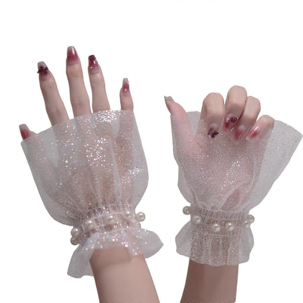 2-pack Delikata Pärlor Tyllärmar Fingerlösa Bröllopshandskar Brudärmar för Bröllopsceremonier Vit White