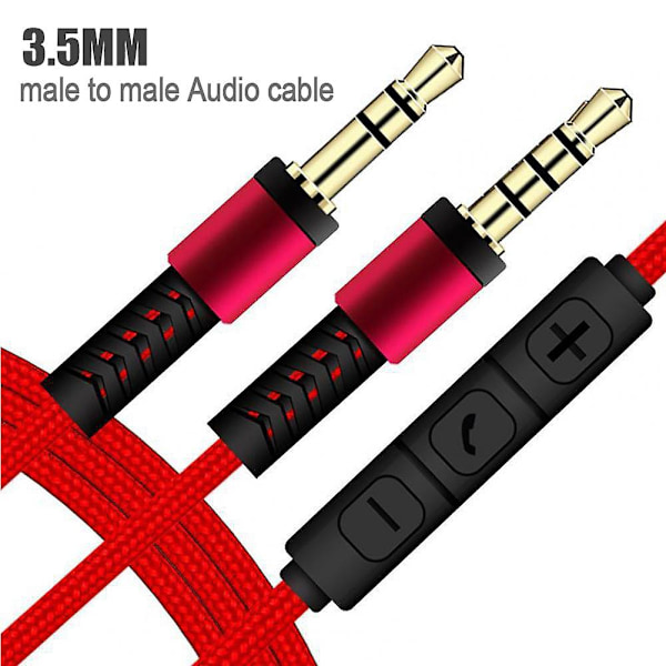 1,2 m 3,5 mm till 3,5 mm hane till hane stereo ljud AUX-kabel hörlurssladd med tryckknappsvolymkontroll mikrofon Red