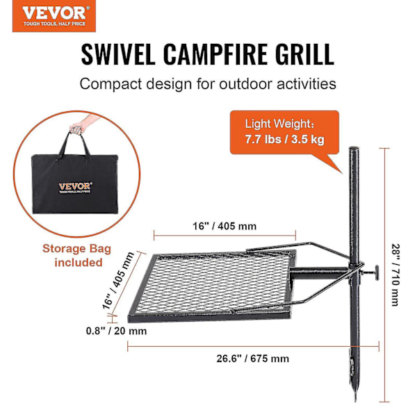 Svingbar Lejrbål Grill i Robust Stål, Justerbar