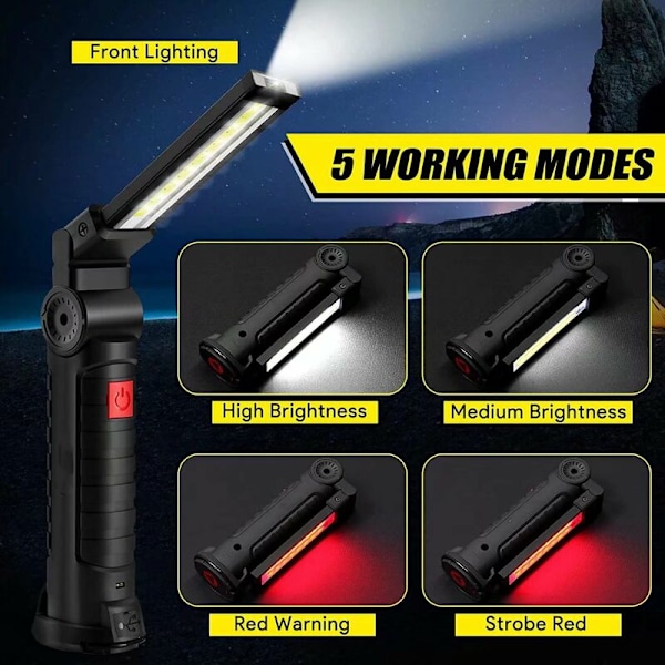 800LM UltraLight, USB-laddningsbar LED-arbetslampa, bärbar inspektionslampa med magnetisk bas, 5 lägen 6000K-ljus för bilgarageverkstad DIY [Energiklass A+++].