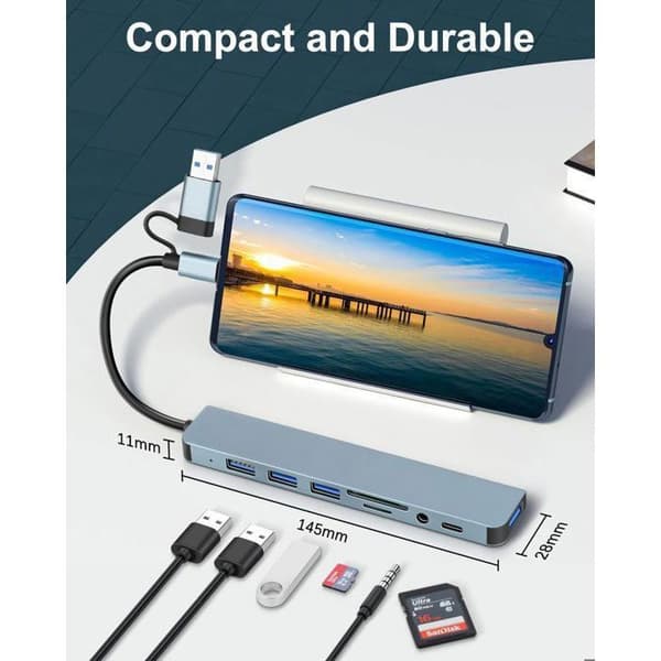 OTBACT USB-C Hub - 8-i-1 - Aluminium - 4 USB-porte - SD/TF-kortlæser