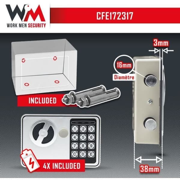 Elektronisk safe - Work Men Security - CFE172317 - Utvendige mål 17 x 23 x 17 cm
