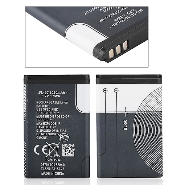 Udskiftningsbatteri Miljøvenligt Litiumbatteri kompatibelt med Nokia BL-5C 1020 mah 3.7