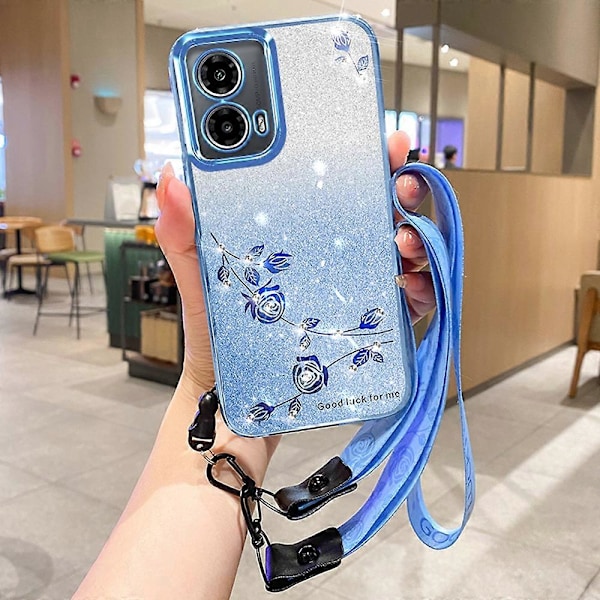 Motorola Moto G85 5G/ S50 Neo 5G Kuori Kukka Kuvio TPU Liukuväri Puhelinkuori Nauhoilla Blue