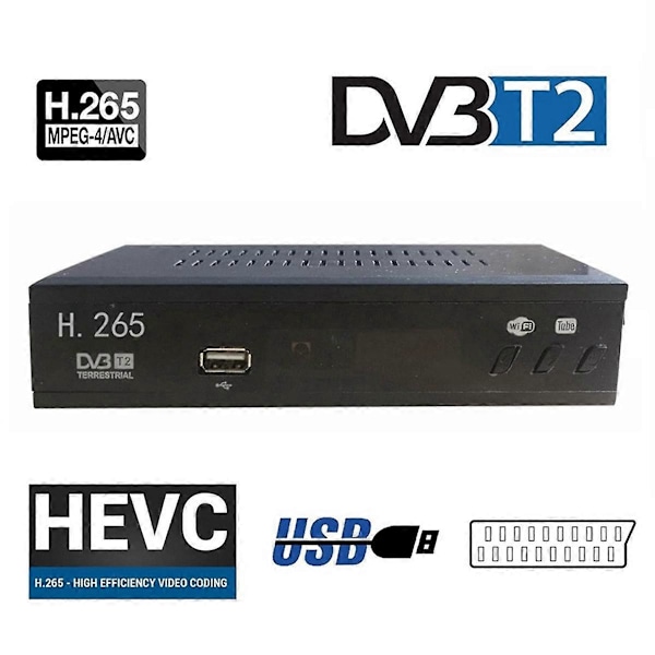 DVB T2 HEVC 265 Digital TV-tuner DVB-T2 265 1080P HD Dekoder USB Terrestrisk TV-mottaker Set Top Box EU-plugg Black