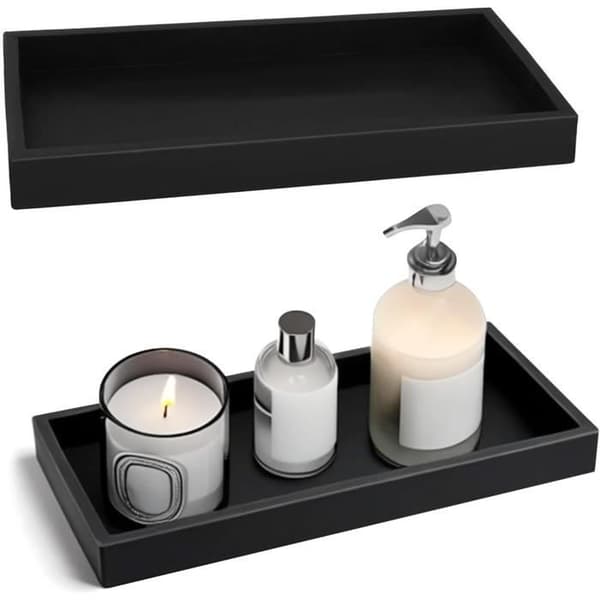 2 x sort rektangulær bakke, badeværelsesbakke, dekorativ bakke, skridsikker bakke til toiletbord, badekar, vask