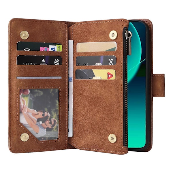 Xiaomi Redmi Note 14 5G Kotelo Vetoketjullinen Lompakko Useita Korttipaikkoja Nahkainen Puhelinkotelo Multicolor Brown