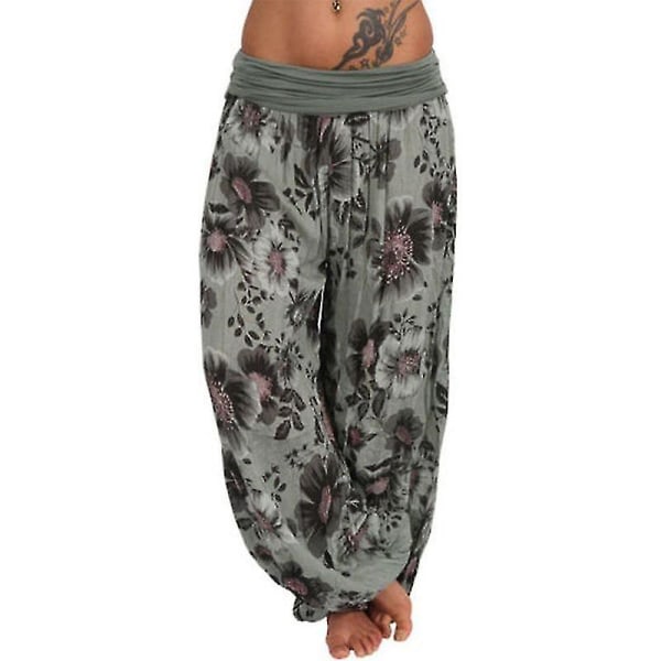 Plus size blommiga haremsbyxor för kvinnor Baggy Yoga Casual byxor Army Green XL
