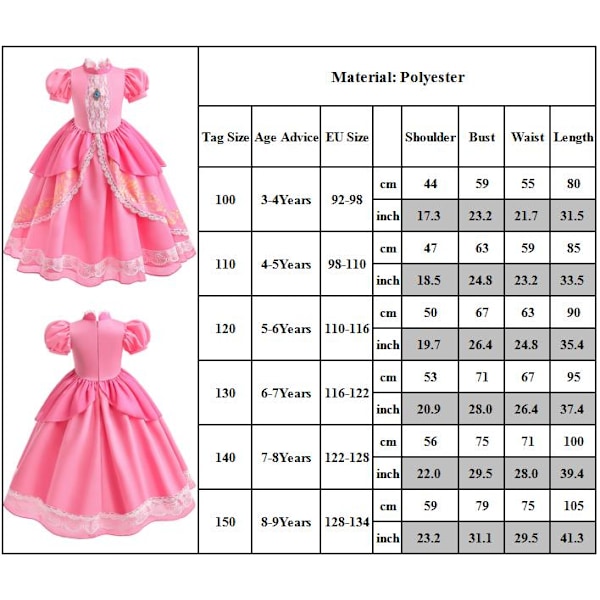 Princess Peach Kjole til Piger Cosplay Fødselsdagsfest 130cm