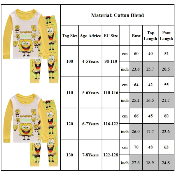 Spongebob Pyjamas för barn 4-8 år, långärmad topp och byxor, pojkar och flickor 100cm