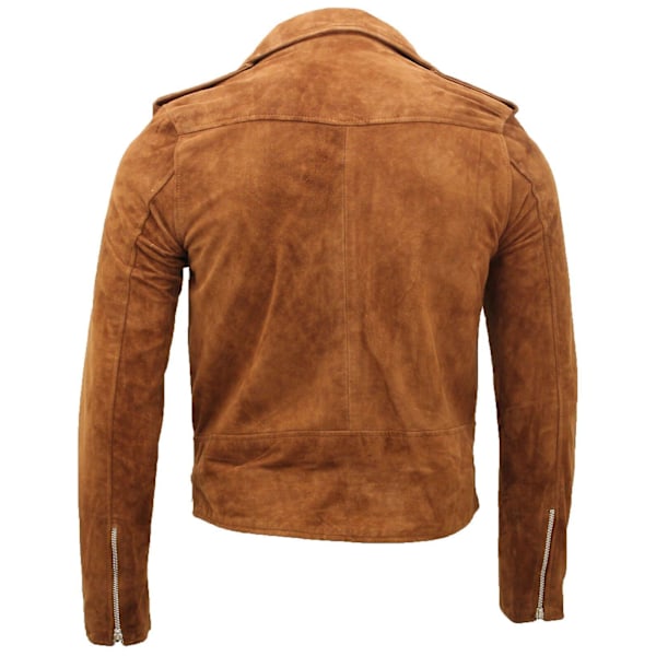 Herre Brun Tan Ruskind Læder Biker Jakke Tan XS