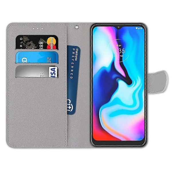 Motorola Moto E7 Plus / G9 Play / G9 -puhelimelle värillinen kuvioitu ristikkäinen vaakasuuntainen PU-nahkakotelo pidikkeellä, korttipaikoilla, lompakolla ja kaulanauhalla