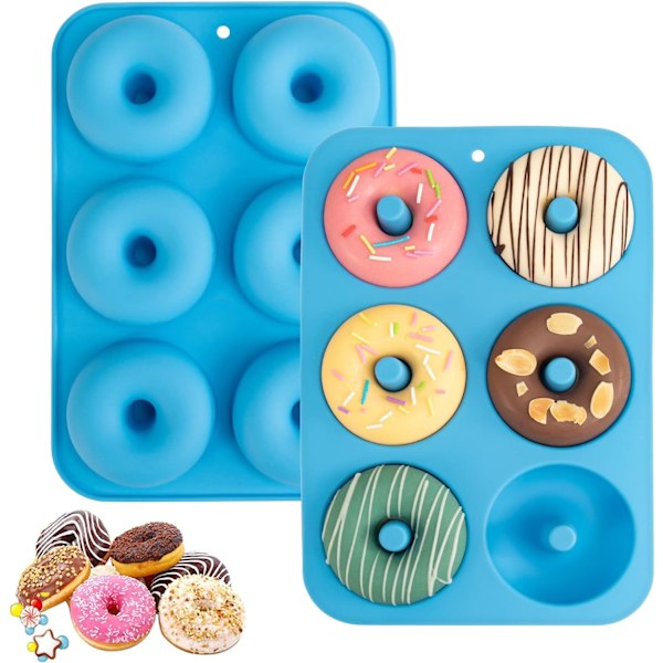 Silikon Donutform för 6 Donuts, Set med 2. Matkvalitet LFGB Silikon Bagels Bakform, Non-Stick, Diskmaskinssäker, Värmebeständig (Blå)