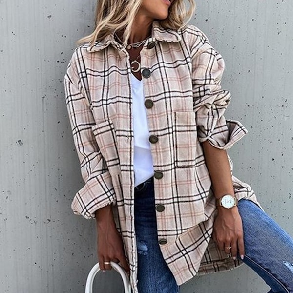 Efterårs-Vinter Plaid Skjorte Løstsiddende Casual Skjorte til Kvinder Mode Langærmet Skjortejakke Khaki khaki xl