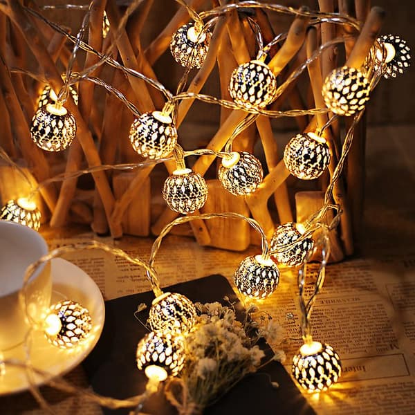 [KK] Moroccan LED light string - Total length 3m 20 warm white LED lights - Light string - Moroccan oriental silver balls (battery operated)