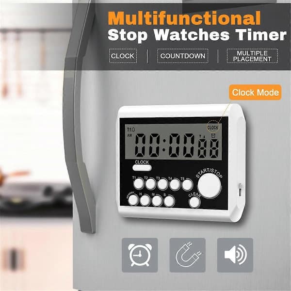 5-kanals digital kökstimer, klockläge med stor LCD-display, matlagningstimer, högt volymlarm White